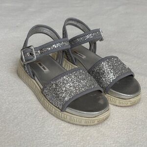 Miu Miu Glittery Silver Run Double Band Platform Sandals size EU 38/US 8